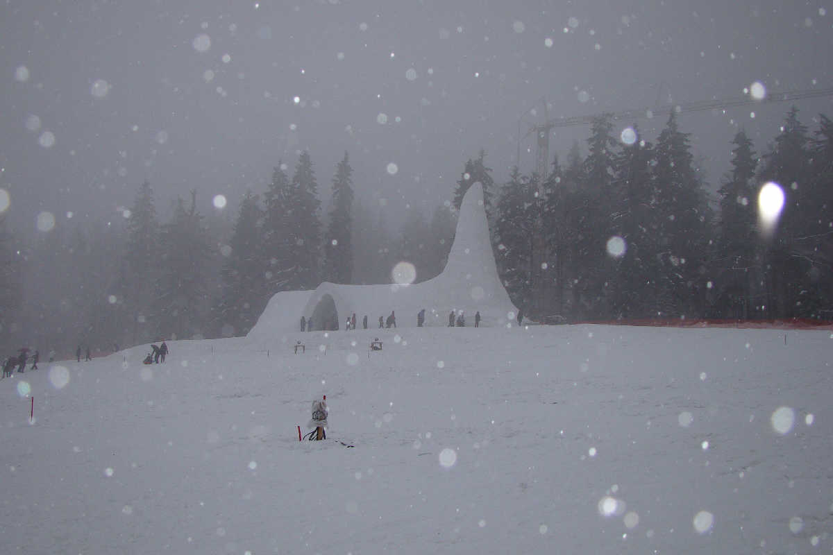 Mit Blitz ist der Graupelschnee gut zu sehen, das war am Glühweinstand :)