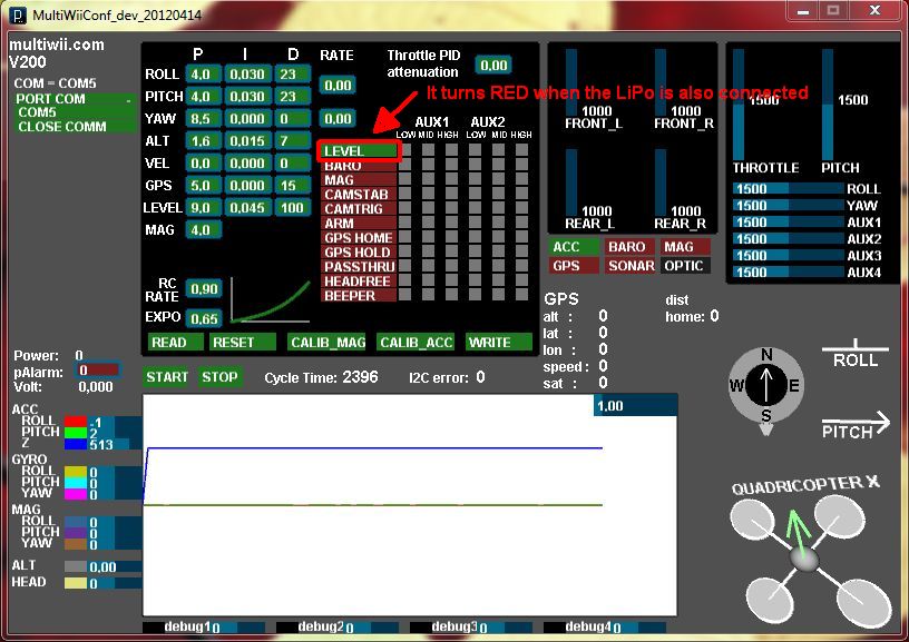 Die Option &quot;Level&quot; wechselt von Grün nach Rot, wenn die LiPos angersteckt werden.