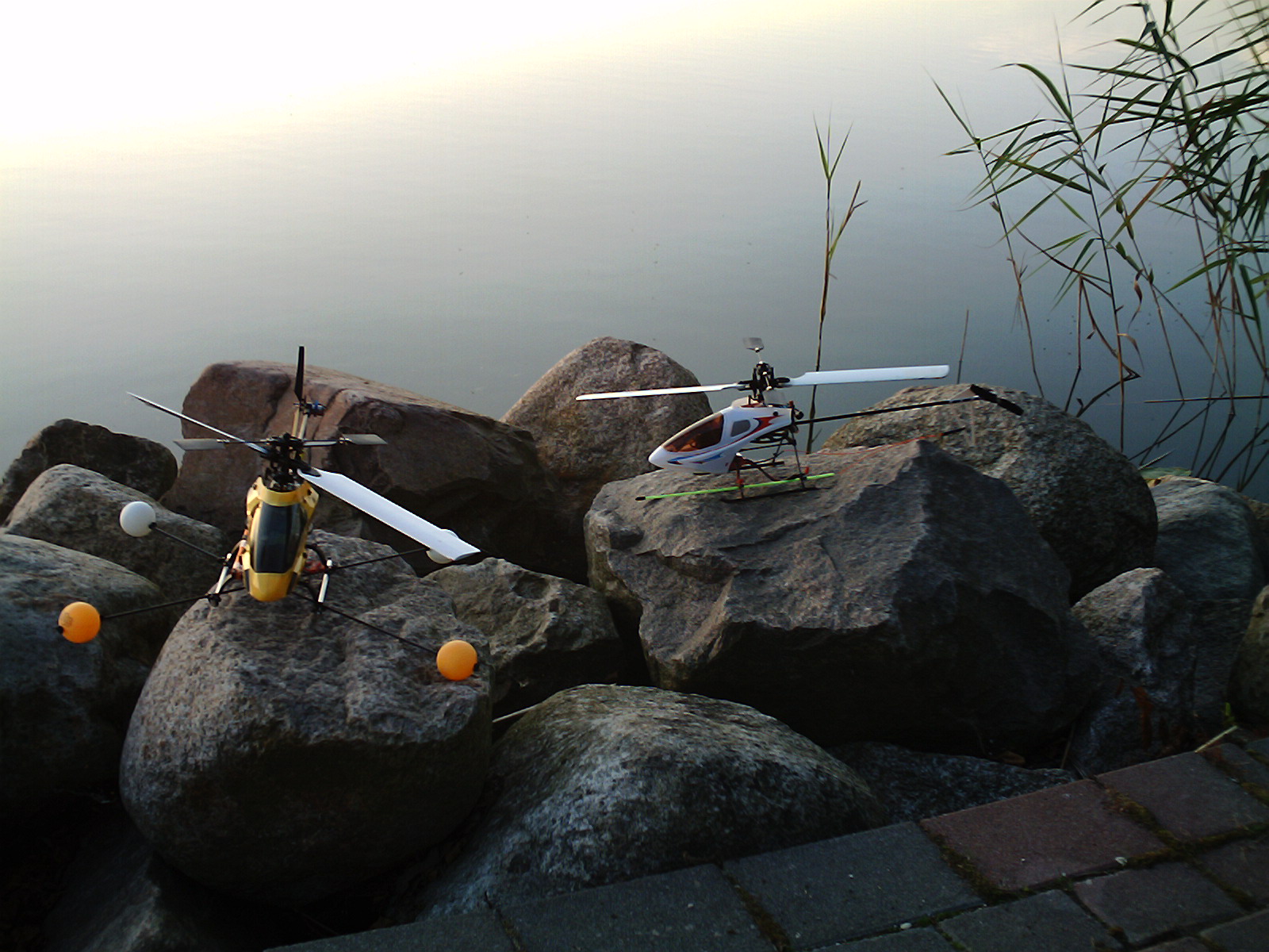 Mein Blade mit Trainingsgestell und Didi's Twister am idyllischen See...
<br />Irgendwann fliegen wie mal drüberweg...  :-)