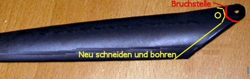 Rote Linie = Bruchstelle, Gelbe Linie = Beschneidung und neue Bohrung