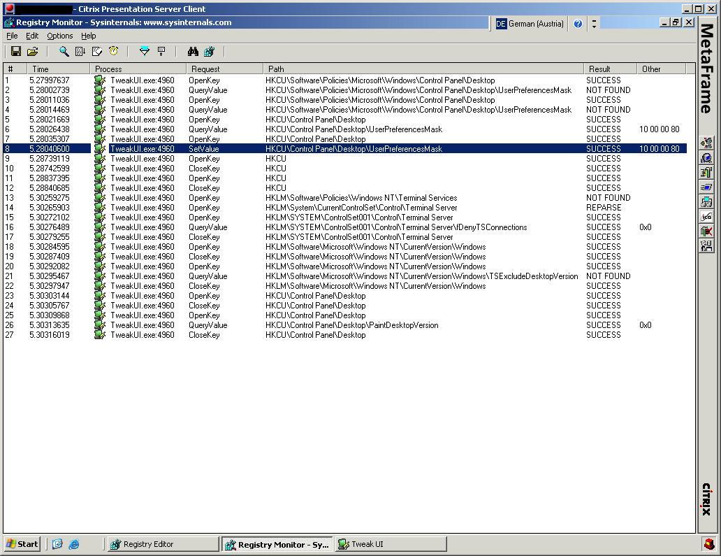 Ausgabe von TweakUi nach Apply