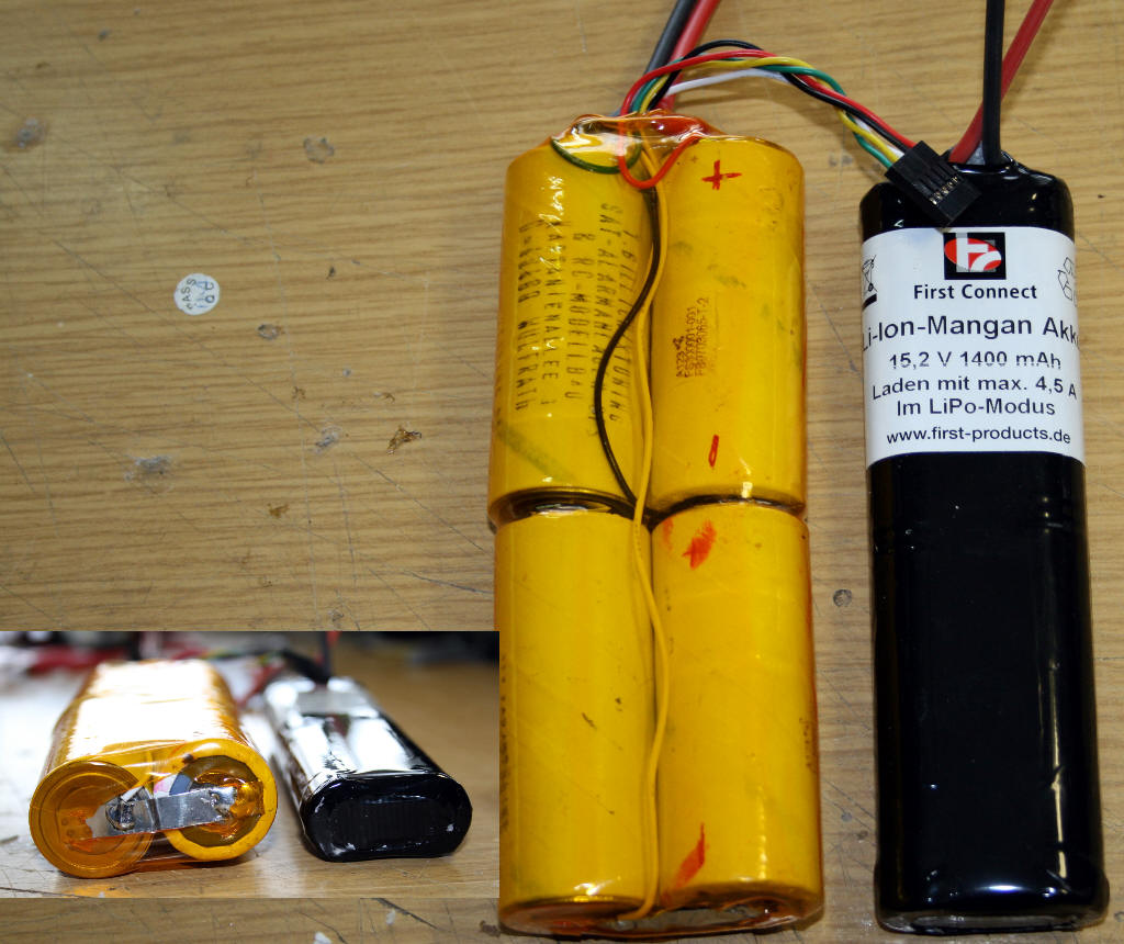 Vergleich : 4S A123 ( 14,8 V / 2300 mAh, 315 gr. ) / 4S Li-Mn ( 16,8 V / 1400 mAh, 185 gr. )