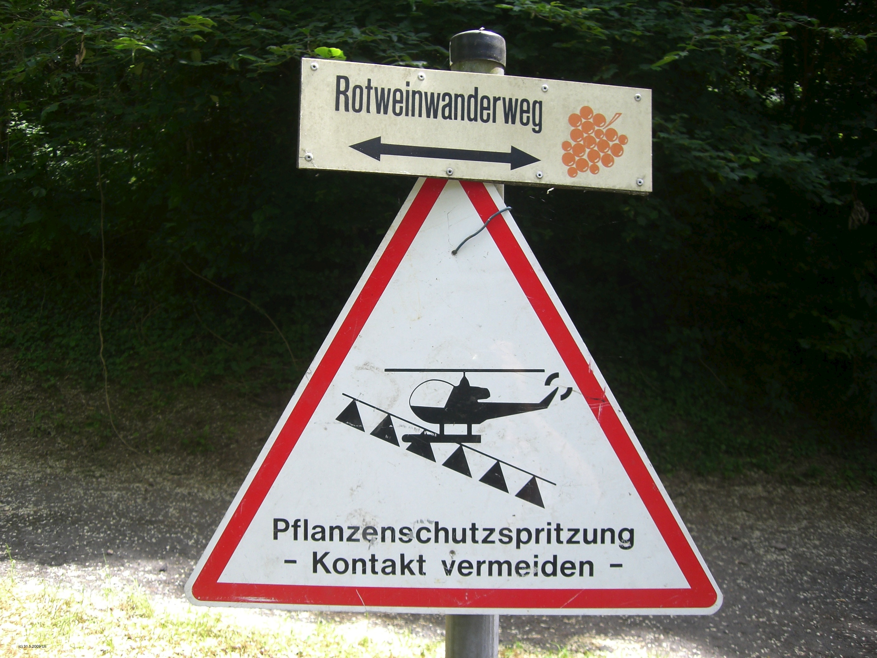 Warnschild während der Weinberg Spritzung mit einer "Hughes 500"
