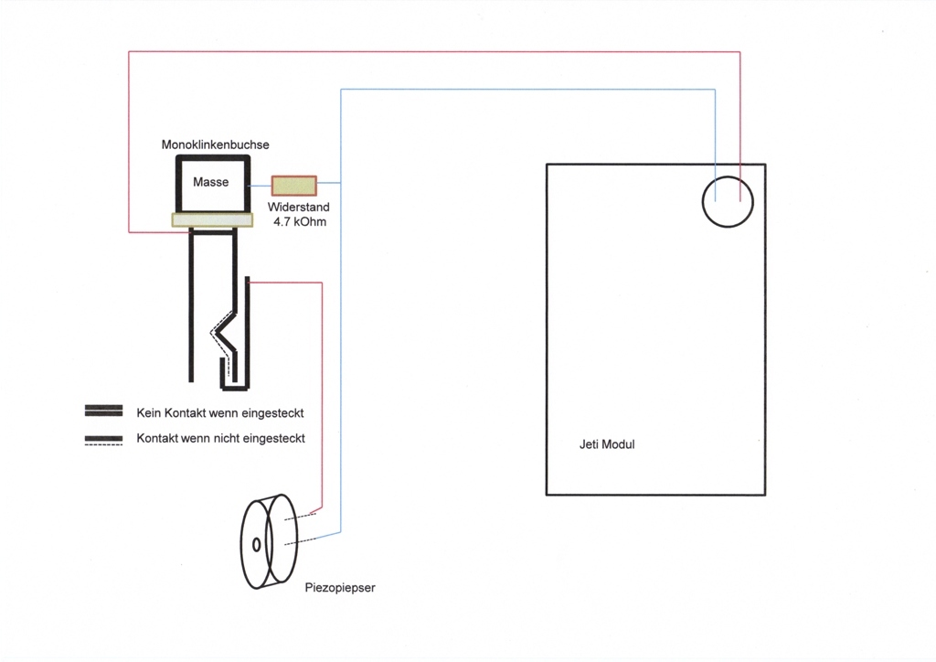 4.7 kOhm Widerstand zwischen nicht geschaltetem Teil der Klinkenbuchse und Piezopiepser