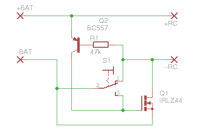FET-Schalter<br />Schaltung ist Simuliert, aber von mir noch nicht real getestet, deswegen Nachbau auf eigene Gefahr und bitte vorher am Boden testen!